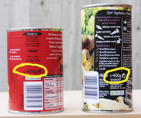 Two soup tins, showing the same weight