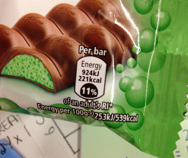 Picture of dietary information on a chocolate bar