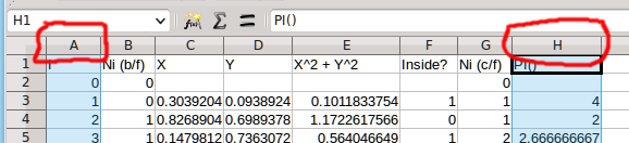 Screen grab from LibreOffice showing how to select column A and column H. The headers for those columns circled in red