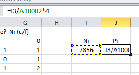 Screen grab from MS Excel 2010 showing the formula to use to copy the number of rice grains inside the circle and a formula to calculate an estimate for pi